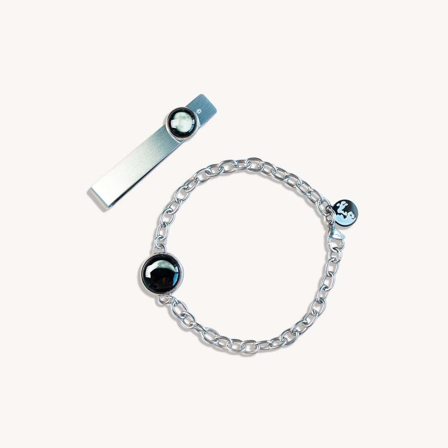 Silver Link Bracelet and Moon and Crystal Tie Bar